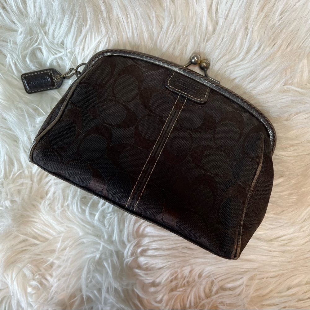 Vintage Coach Legacy Stripe Framed Beauty Pouch Chocolate Brown Kiss‑Lock 🤎🌈 - Picture 13 of 14